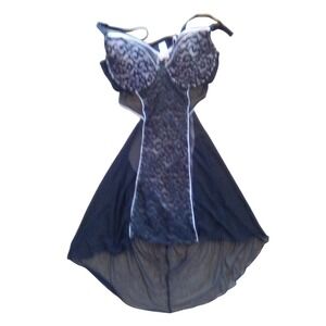 Black Leopard Print Lingerie Babydoll Dress Sheer High Low Hem‎ Large